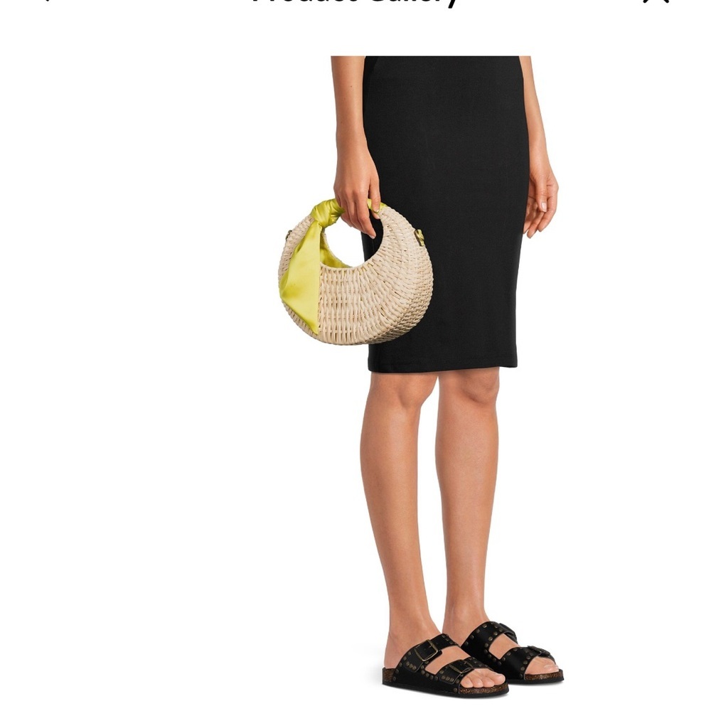 Woven straw Top handle crescent shape crossbody bag silk look citron scarf new - Picture 3 of 13